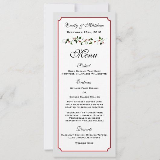 Menü-Karte für Hochzeiten im Dezember Einladung (Vorderseite)