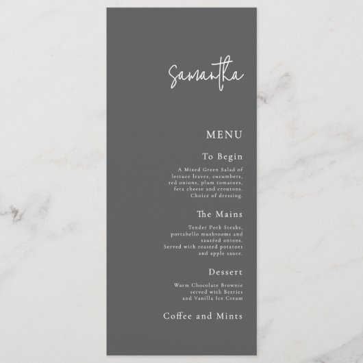 Menü-Karte für Hochzeiten mit Gast, grau Einladung (Vorderseite)