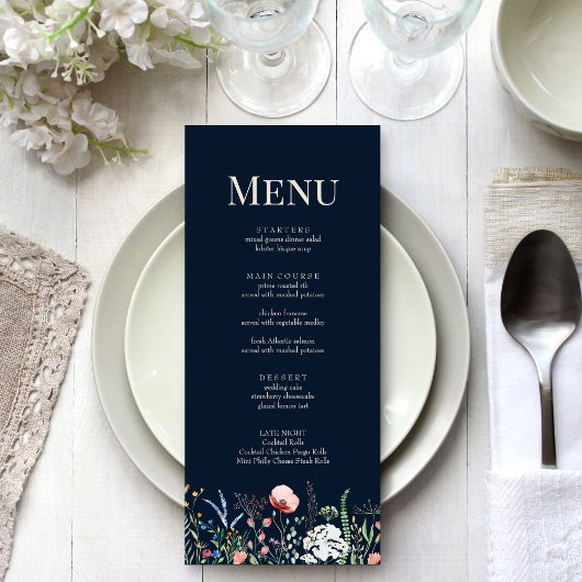 Menü-Karte für Navy Blue Wildblume Meadow Wedding Menükarte