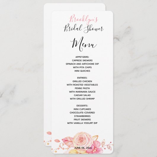 Menü-Karte mit einfachem Brautparty Menükarte (Vorne/Hinten)