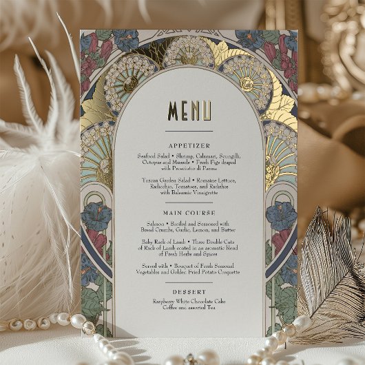 Menü Karte Navy Blue Gold Art Nouveau Mucha