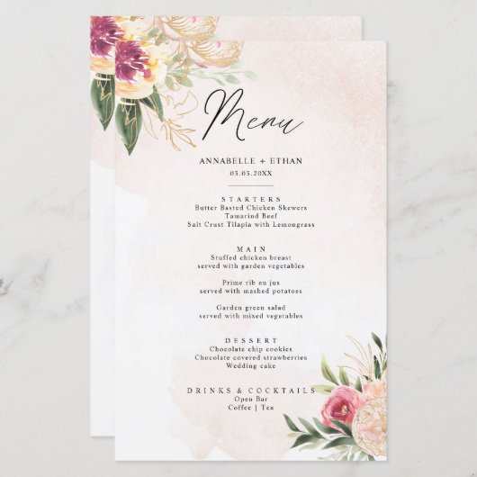 Menü-Karte "Peony and Gold Foil Bloom" (Vorne/Hinten)