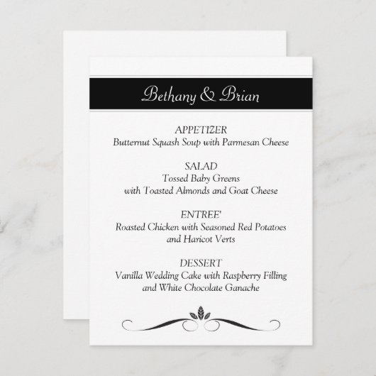 Menü-Karten für Schwarz/Weiß-Empfang Einladung (Vorne/Hinten)