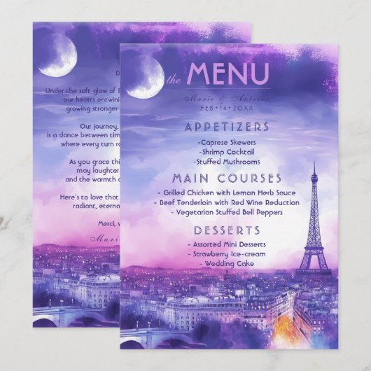 Menü + lieblicher Text Amour Éternel Menükarte (Vorne/Hinten)