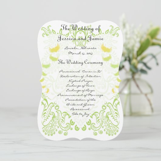 Menü "Lime Green Whimisical Bird Wedding" Einladung (Stehend Vorderseite)