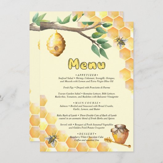 Menu Little Bee Baby Dusche Begleitkarte (Vorne/Hinten)