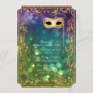 Menü Mardi Gras Masquerade Bokeh Gold Glitzer Einladung