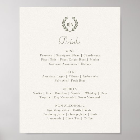 Menü "Menü" für "Custom Sign Monogram Wedding Drin Poster (Vorne)