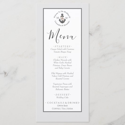 Menü Nautical-Themed Floral Anchor Silver Gray Menükarte (Vorderseite)