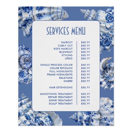 Menü Ocean Blue Seashells Services Poster (Vorderseite)