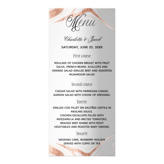Menü Programm Silberne Rose Goldmarmor Hochzeit (Vorne)
