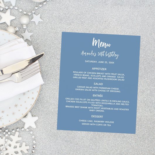 Menu-Programm staubblauer Geburtstagsparty