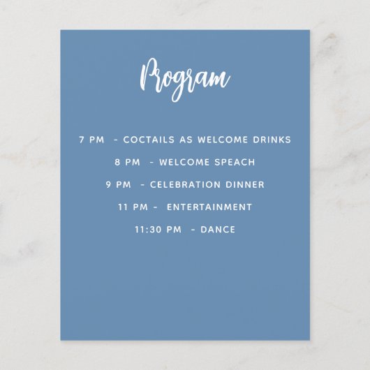 Menu-Programm staubblauer Geburtstagsparty (Rückseite)