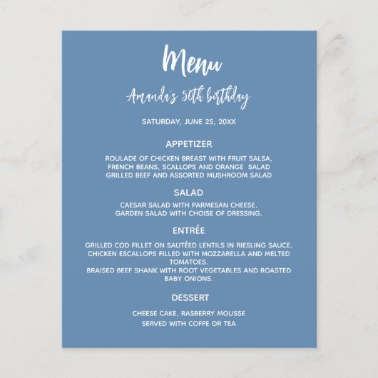 Menu-Programm staubblauer Geburtstagsparty (Vorderseite)