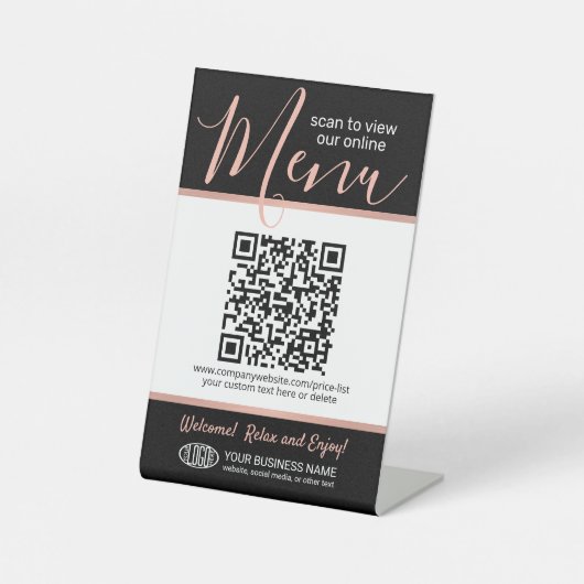 Menü QR Code Generator & Ihr Logo Schwarz & Rosa Sockelschild (Vorderseite)