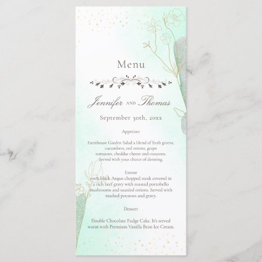 Menü "Radiant Mint Green Botanical Glitzer Wedding Menükarte (Vorderseite)