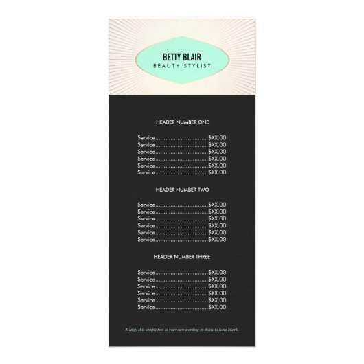 Menü "Retro Turquoise and Gold Plaque Price List" (Vorne)