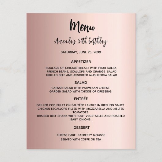Menü-Rose Gold Geburtstagsparty (Vorderseite)