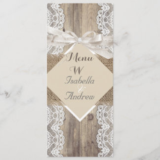 Menü Rustikale Hochzeit Beige weiße Lace Wood Burl Menükarte