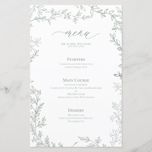 Menü "Sage Green Leafy Frame Wedding" (Vorderseite)