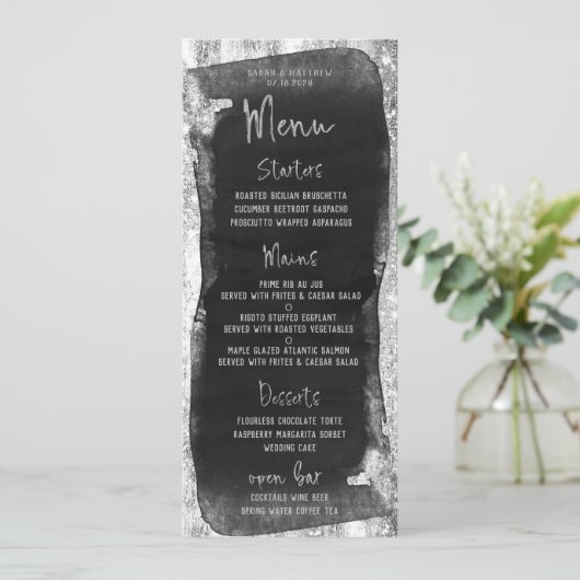 Menü "Schwarz & Silver Script Calligraphy Glam" Menükarte (Stehend Vorderseite)