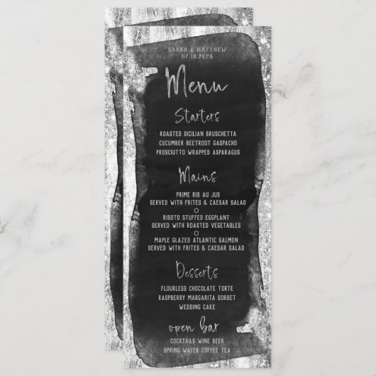 Menü "Schwarz & Silver Script Calligraphy Glam" Menükarte (Vorne/Hinten)