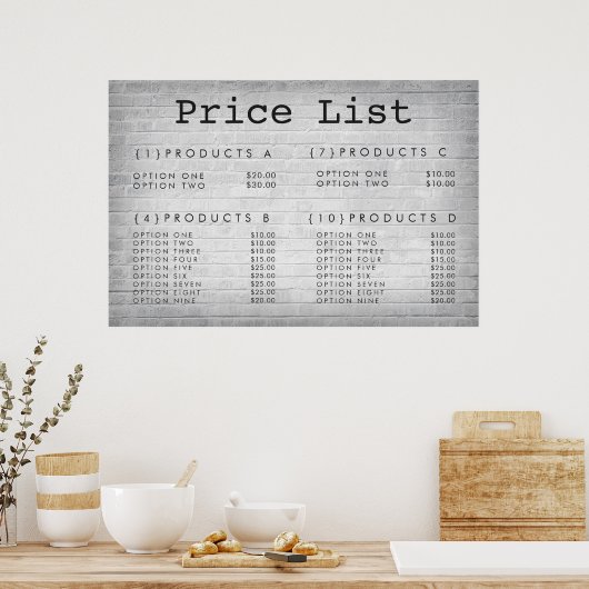 Menü "Service Price" von Brick Wall nach Maß Poster (Küche)