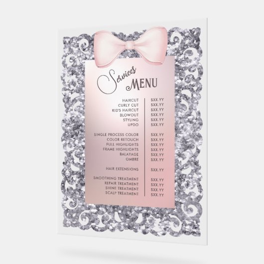 Menü "Silver Glitzer Frame Pink Bow Services" Acrylschild (Winkel)