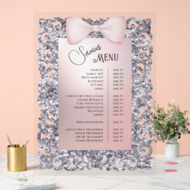 Menü "Silver Glitzer Frame Pink Bow Services" Acrylschild