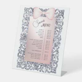 Menü "Silver Glitzer Frame Pink Bow Services" Sockelschild