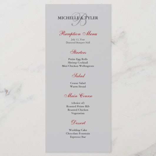 Menü "Silver & Red Monogram Empfang" Menükarte (Vorderseite)
