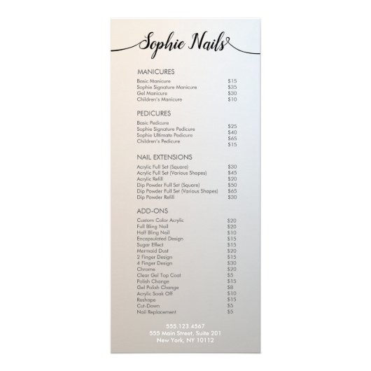 Menü "Simple Calligraphy Salon Price List" (Vorne)