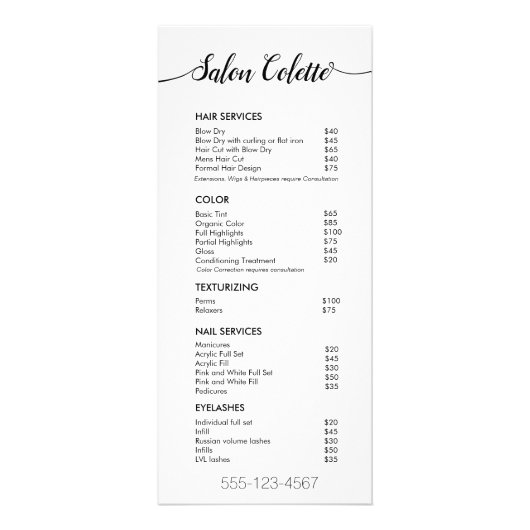 Menü "Simple White Calligraphy Salon Service" (Vorne)