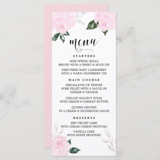 Menü "Sweet Pink Watercolor Rose" Karte II (Vorne/Hinten)