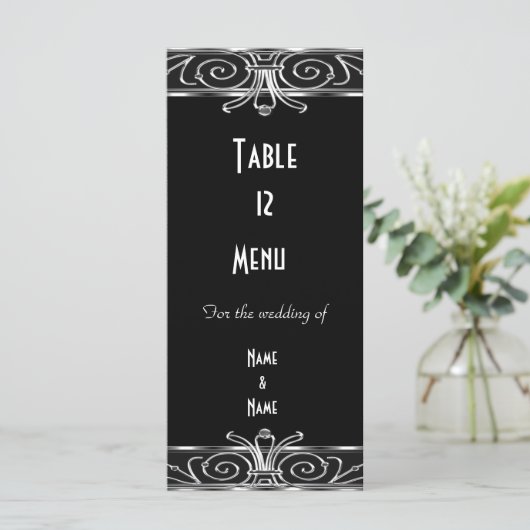 Menü Table Card Elegantes Schwarzes Silber Menükarte (Stehend Vorderseite)