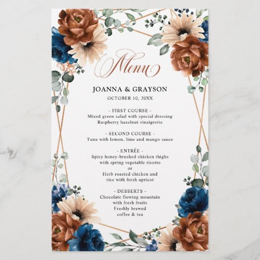 Menü "Terracotta Navy Blue Greenery Geometric" (Vorderseite)