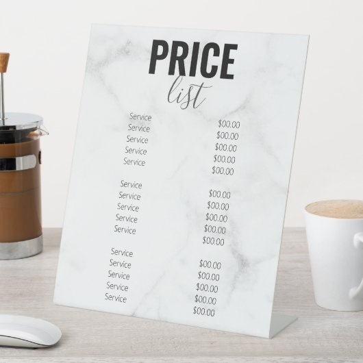 Menü "Treny Girly Marble Business Price List" Sockelschild (In Situ)