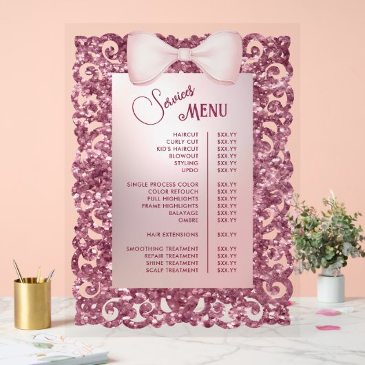 Menü "Vintage Glitzer-Frame-rosa-Bow-Dienste" Acrylschild (Hochzeit)