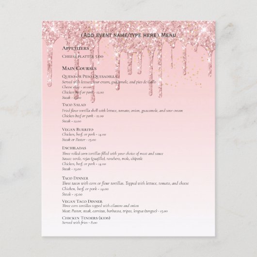 MENU-Vorlage für zwei Rose Gold Dripping Glitzer Flyer (Vorne)