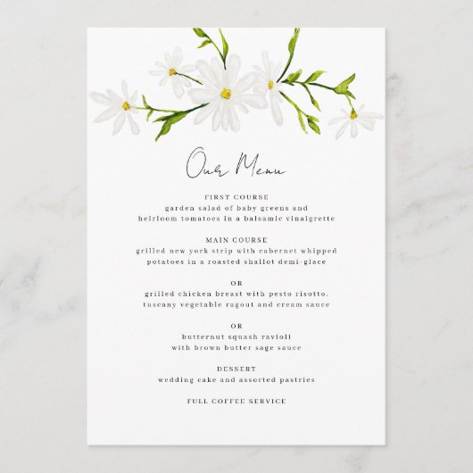 Menü "Watercolor Daisy Floral Wedding Menu" Menükarte (Vorderseite)
