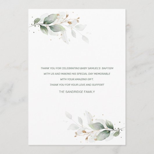 Menü "Watercolor Greenerity Foliage Cross Baptism" Menükarte (Rückseite)