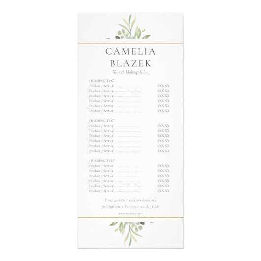 Menü "Watercolor Greenery Salon Service" (Vorne)