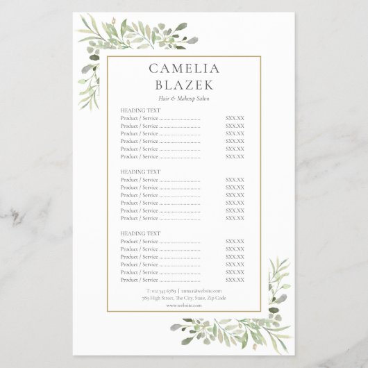 Menü "Watercolor Greenery Salon Service" (Vorne)