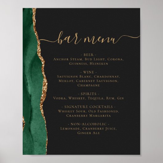 Menü "Wedding Bar" Emerald Green Gold Agate Dark Poster (Vorne)