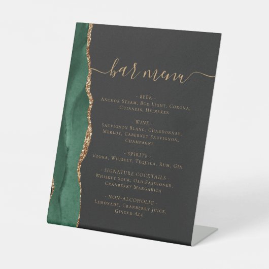 Menü "Wedding Bar" Emerald Green Gold Agate Dark Sockelschild (Vorderseite)