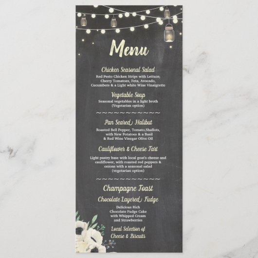 Menu Wedding Reception Fireflies Jars Chalk Cards Menükarte (Vorderseite)