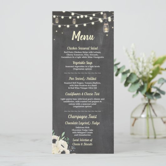 Menu Wedding Reception Fireflies Jars Chalk Cards Menükarte (Stehend Vorderseite)