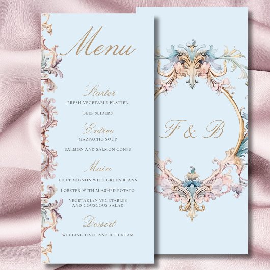 Menü "Wedding Regency Era Monogram Blue Menu" Menükarte