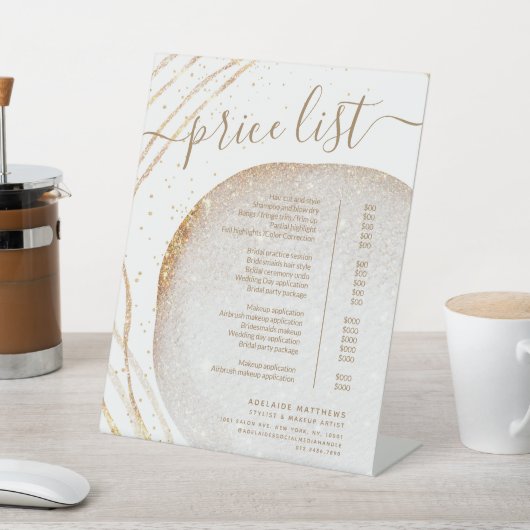 Menü "White Gold Glitzer Hair Stylist Price List" Sockelschild (In SItu)