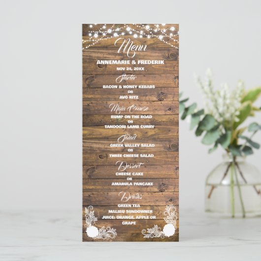 Menü "Wood Rustic Lace Wedding" (Stehend Vorderseite)